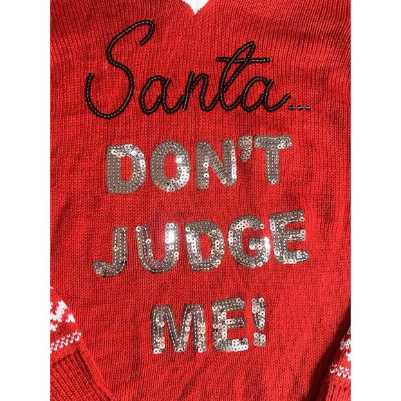 No Boundaries Santa Don’t Judge Me Red Hooded Christmas Sweater Sequins XS - Picture 3 of 9